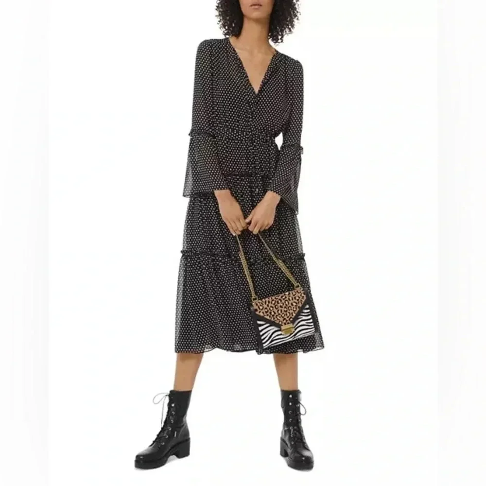 MICHAEL KORS Tiered Polka Dot Chiffon MIDI Dress Black - Picture 1 of 9